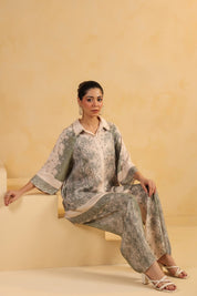Nyaro Signature Ivory Green Printed Co - ord Set in Viscose Santoon - Nyaro