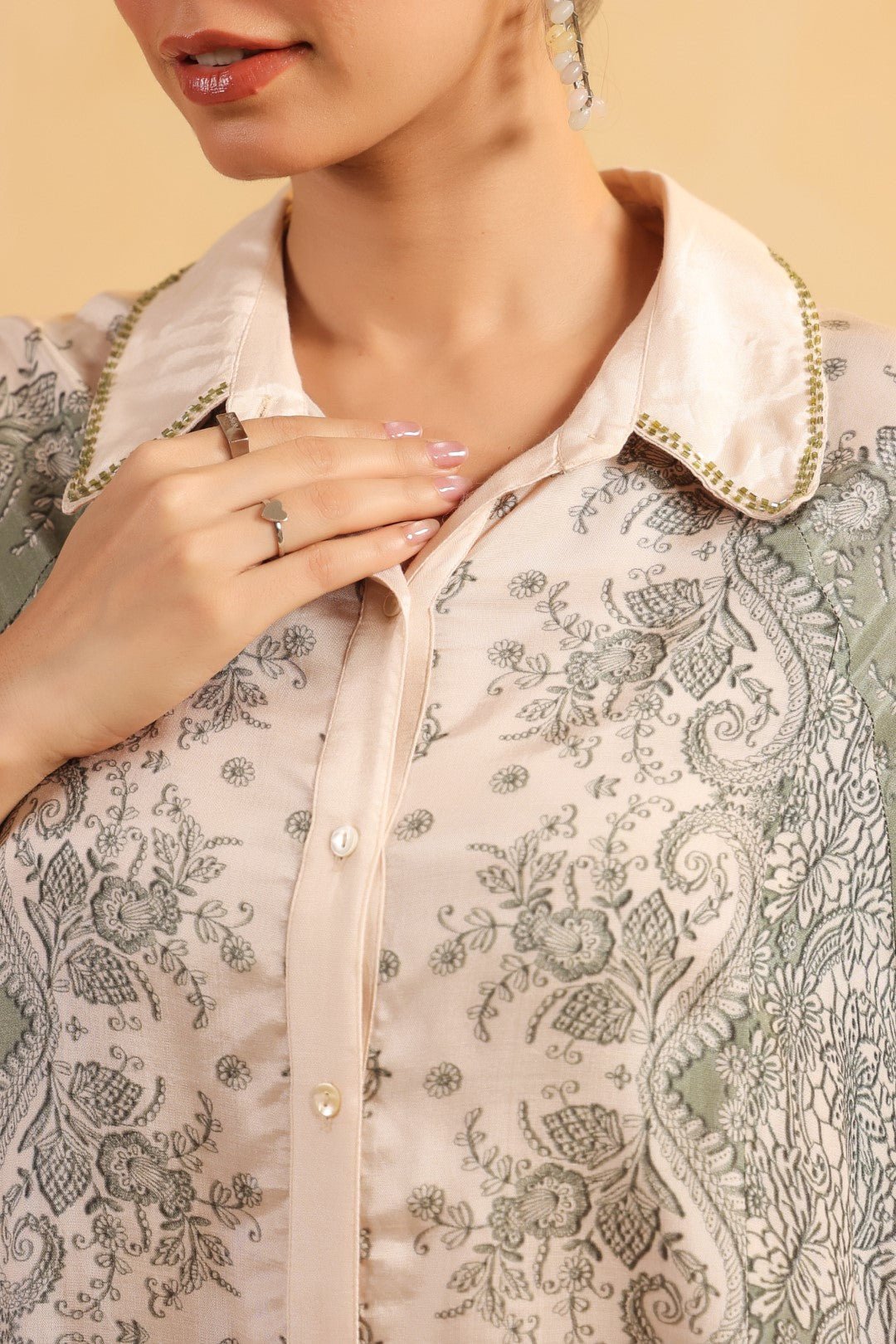 Nyaro Signature Ivory Green Printed Co - ord Set in Viscose Santoon - Nyaro