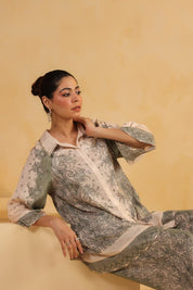 Nyaro Signature Ivory Green Printed Co - ord Set in Viscose Santoon - Nyaro