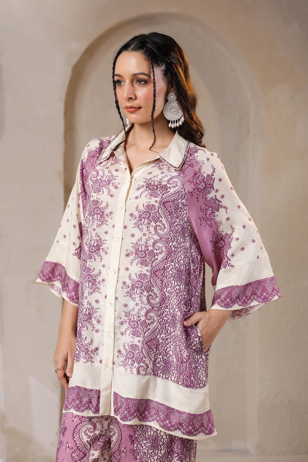 Nyaro Signature Mauve Printed Co - ord Set in Viscose Santoon - Nyaro