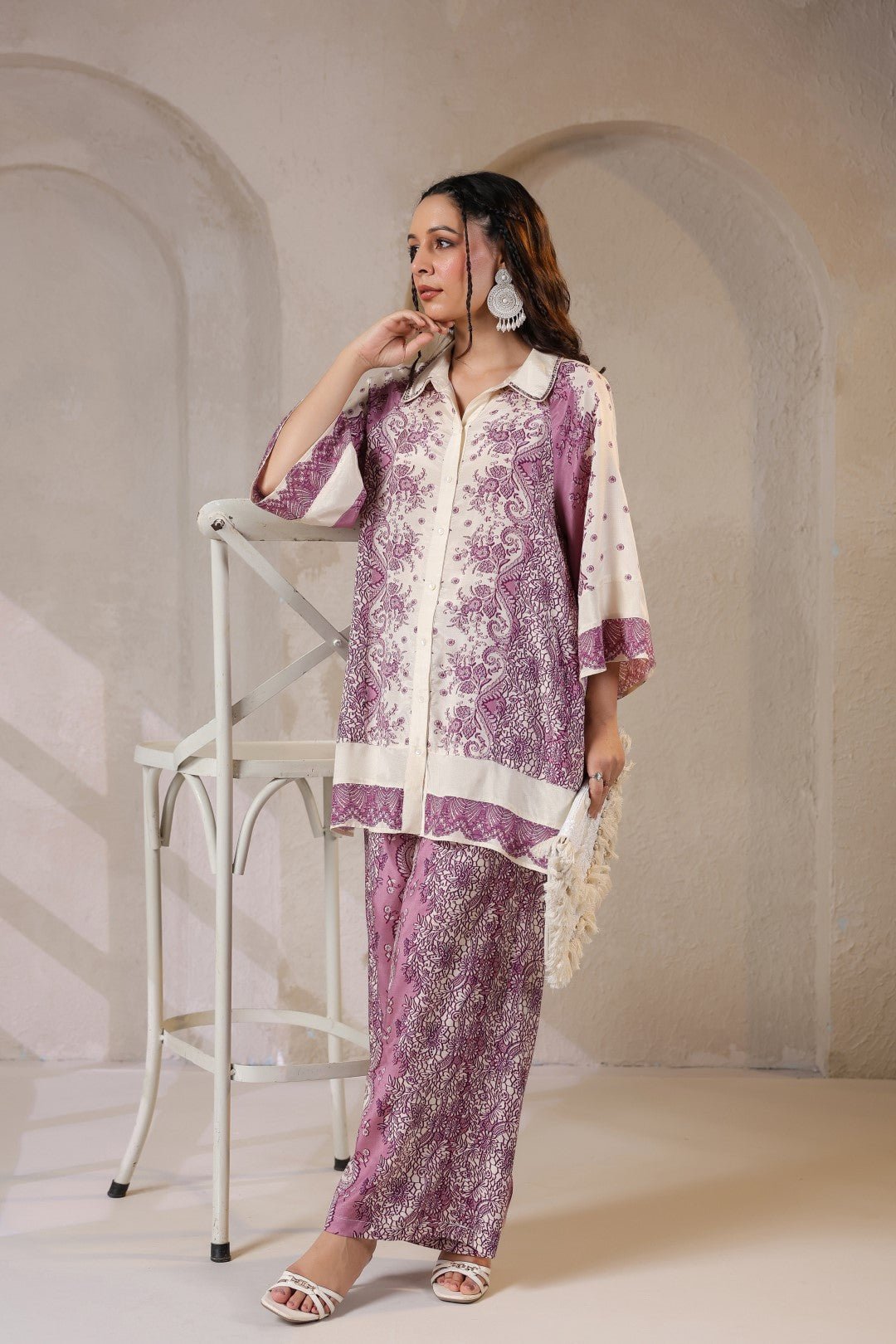 Nyaro Signature Mauve Printed Co - ord Set in Viscose Santoon - Nyaro