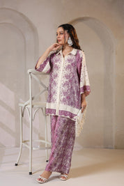 Nyaro Signature Mauve Printed Co - ord Set in Viscose Santoon - Nyaro