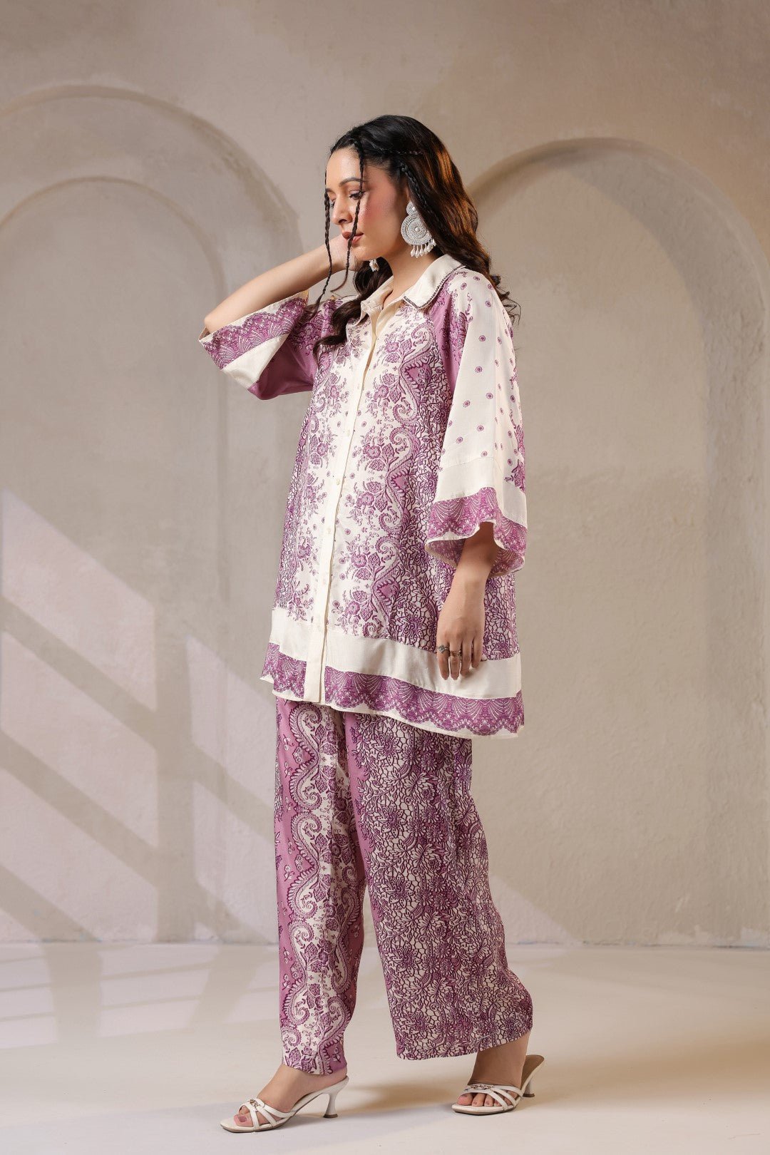 Nyaro Signature Mauve Printed Co - ord Set in Viscose Santoon - Nyaro
