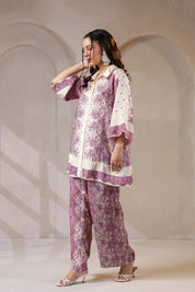 Nyaro Signature Mauve Printed Co - ord Set in Viscose Santoon - Nyaro