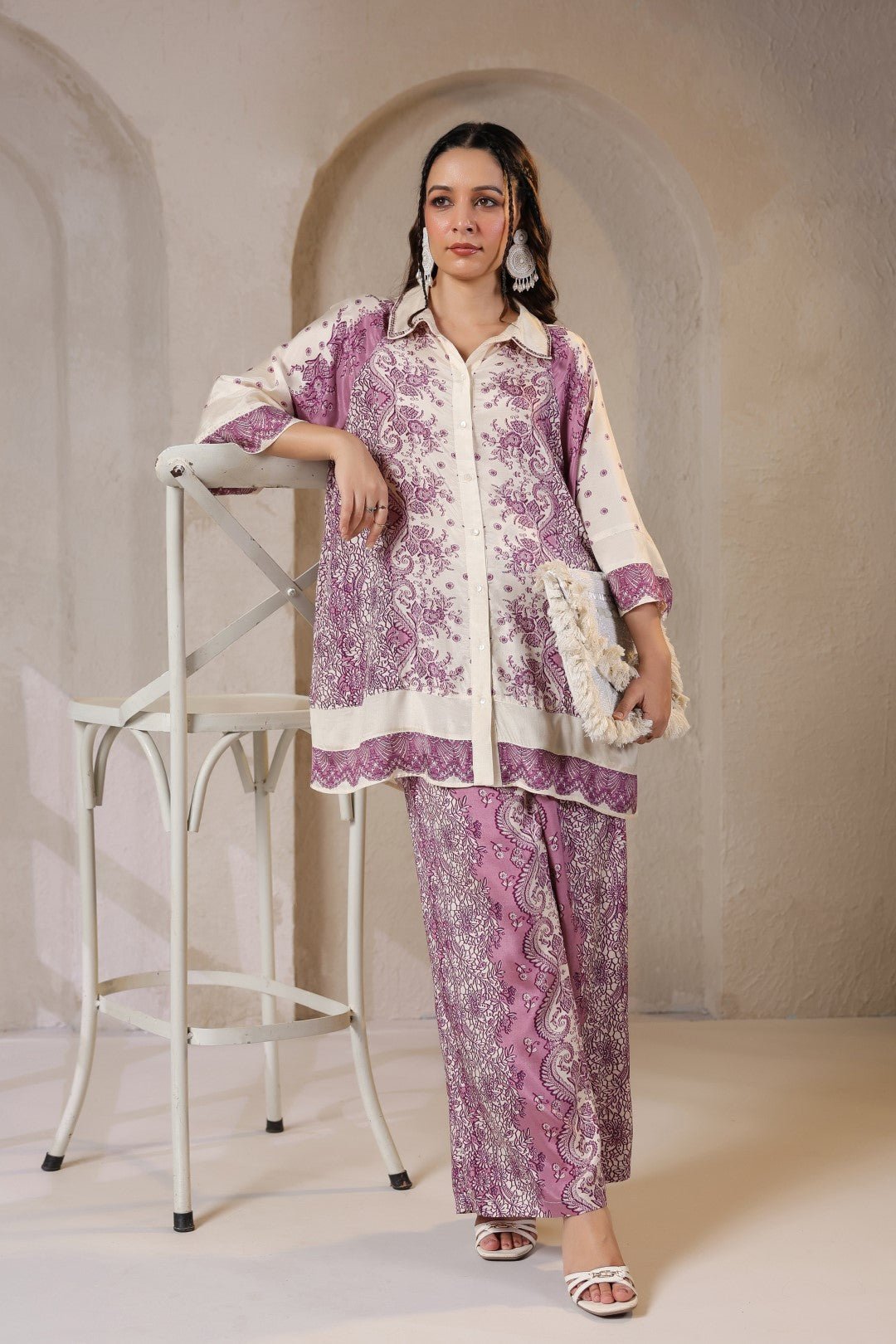 Nyaro Signature Mauve Printed Co - ord Set in Viscose Santoon - Nyaro