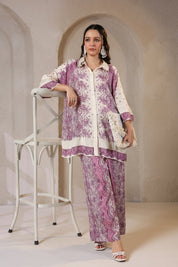 Nyaro Signature Mauve Printed Co - ord Set in Viscose Santoon - Nyaro