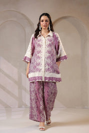 Nyaro Signature Mauve Printed Co - ord Set in Viscose Santoon - Nyaro
