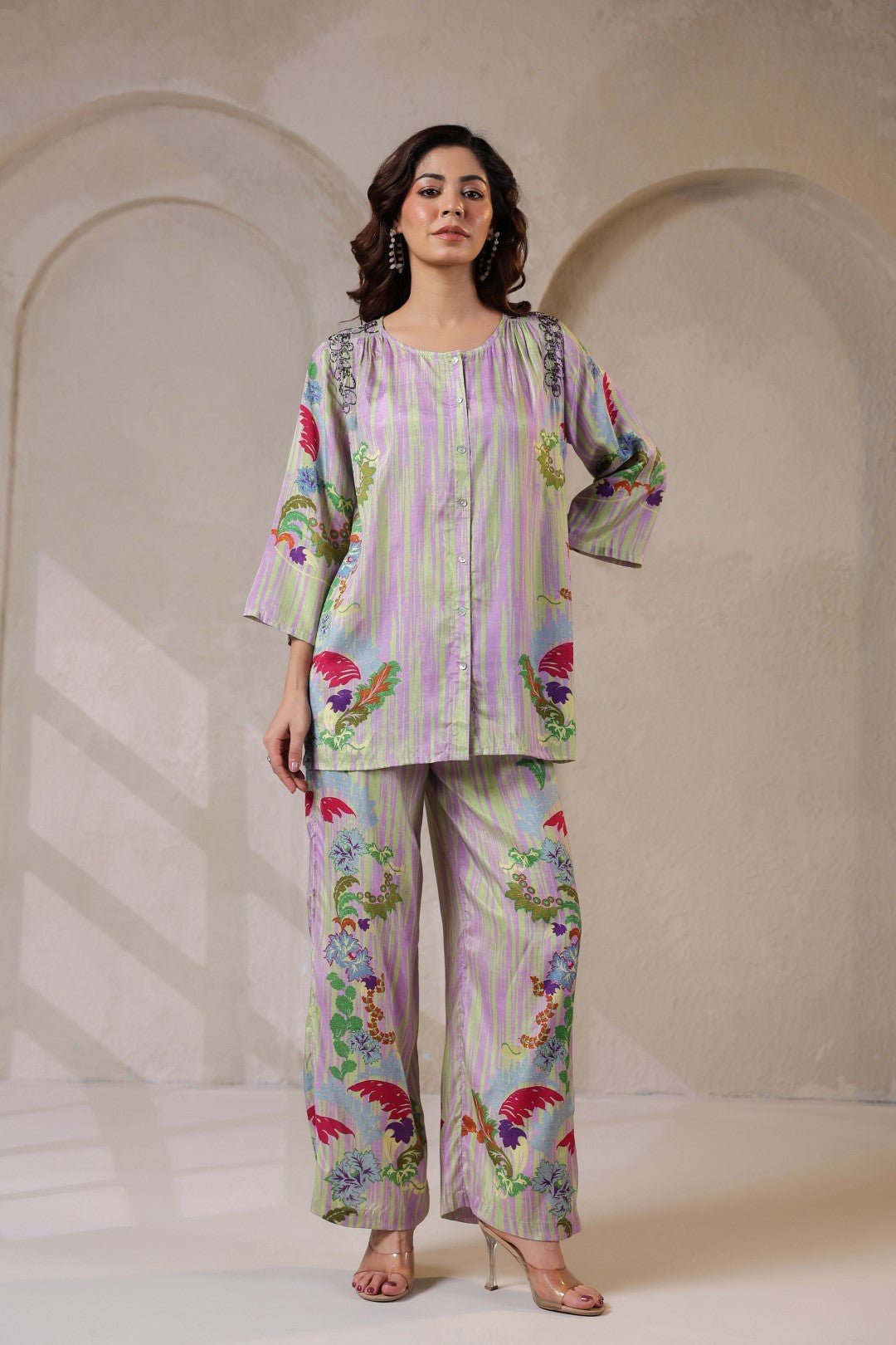 Nyaro Signature Pastel Floral Co - ord Set in Viscose Santoon - Nyaro