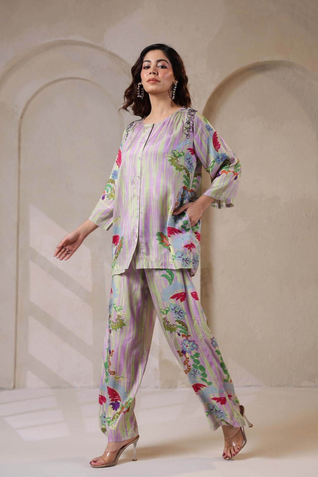 Nyaro Signature Pastel Floral Co - ord Set in Viscose Santoon - Nyaro
