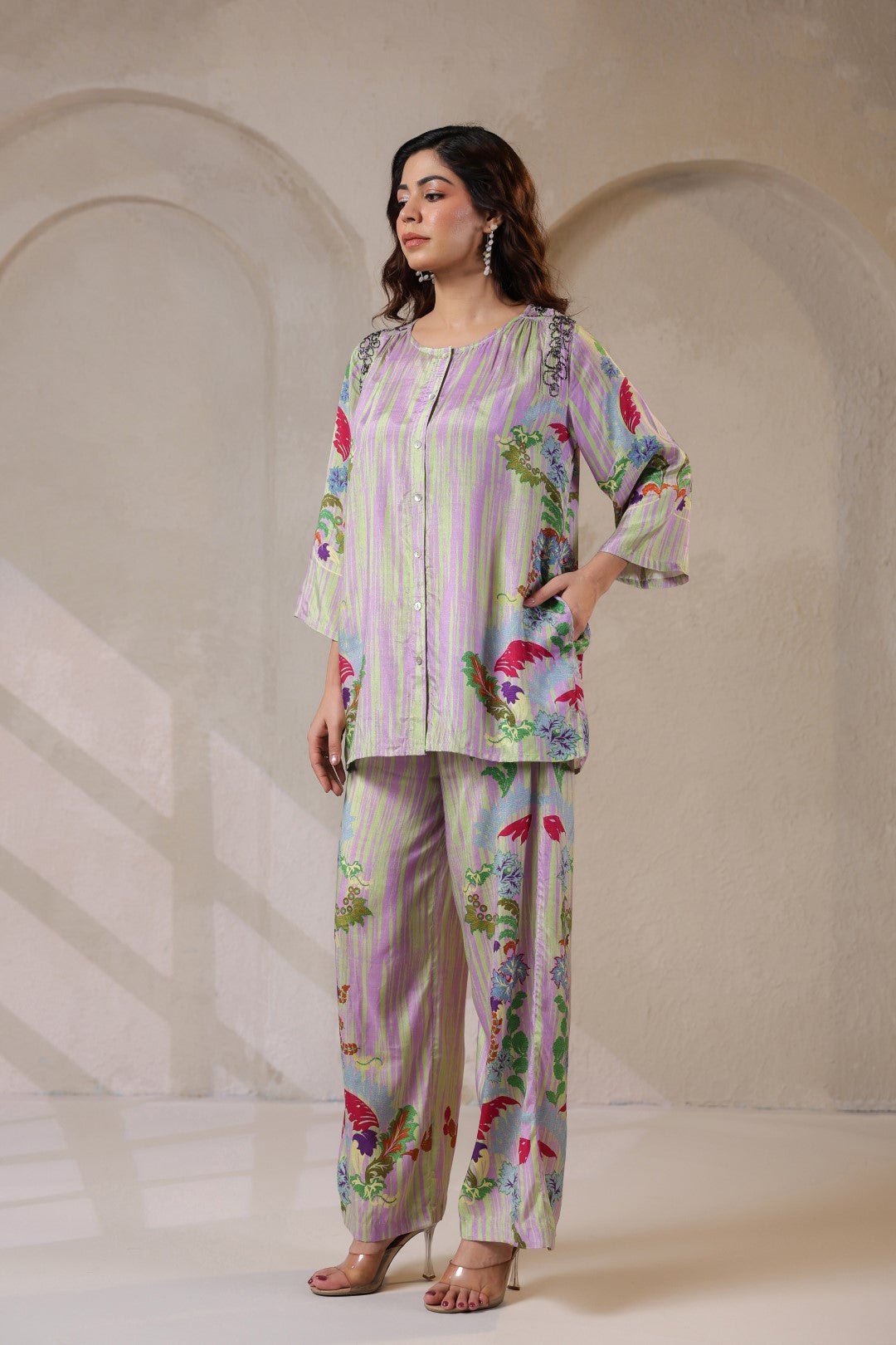 Nyaro Signature Pastel Floral Co - ord Set in Viscose Santoon - Nyaro