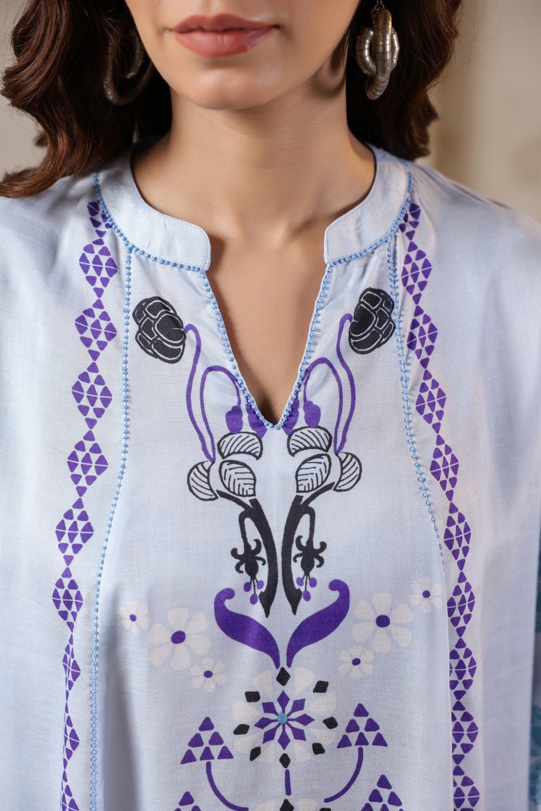 Nyaro Signature Powder Blue Printed Co - ord Set in Viscose Santoon - Nyaro