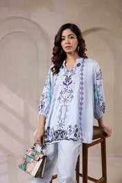 Nyaro Signature Powder Blue Printed Co - ord Set in Viscose Santoon - Nyaro