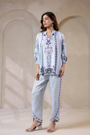 Nyaro Signature Powder Blue Printed Co - ord Set in Viscose Santoon - Nyaro