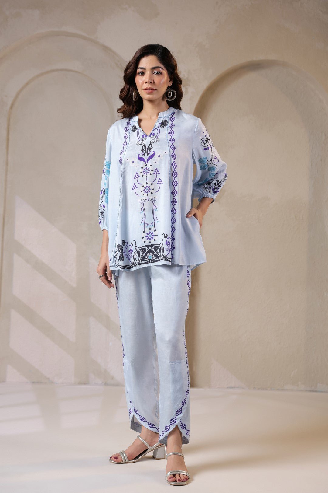 Nyaro Signature Powder Blue Printed Co - ord Set in Viscose Santoon - Nyaro