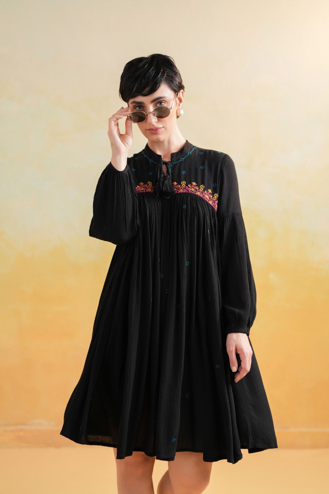 Nyaro Signature Rayon Crepe Embroidered Short Dress – Black - Nyaro