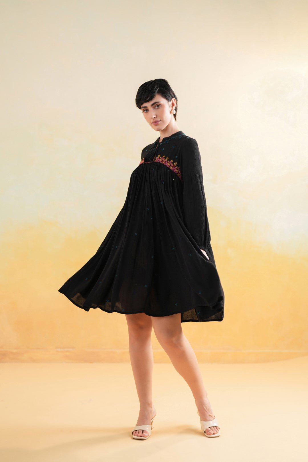 Nyaro Signature Rayon Crepe Embroidered Short Dress – Black - Nyaro