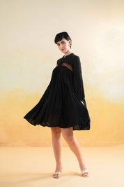 Nyaro Signature Rayon Crepe Embroidered Short Dress – Black - Nyaro