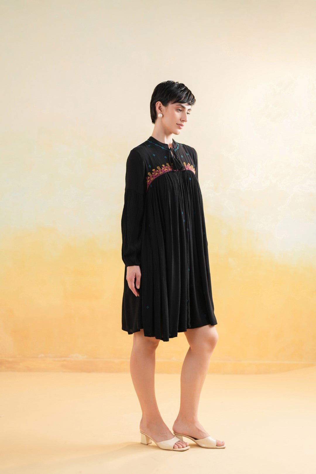 Nyaro Signature Rayon Crepe Embroidered Short Dress – Black - Nyaro