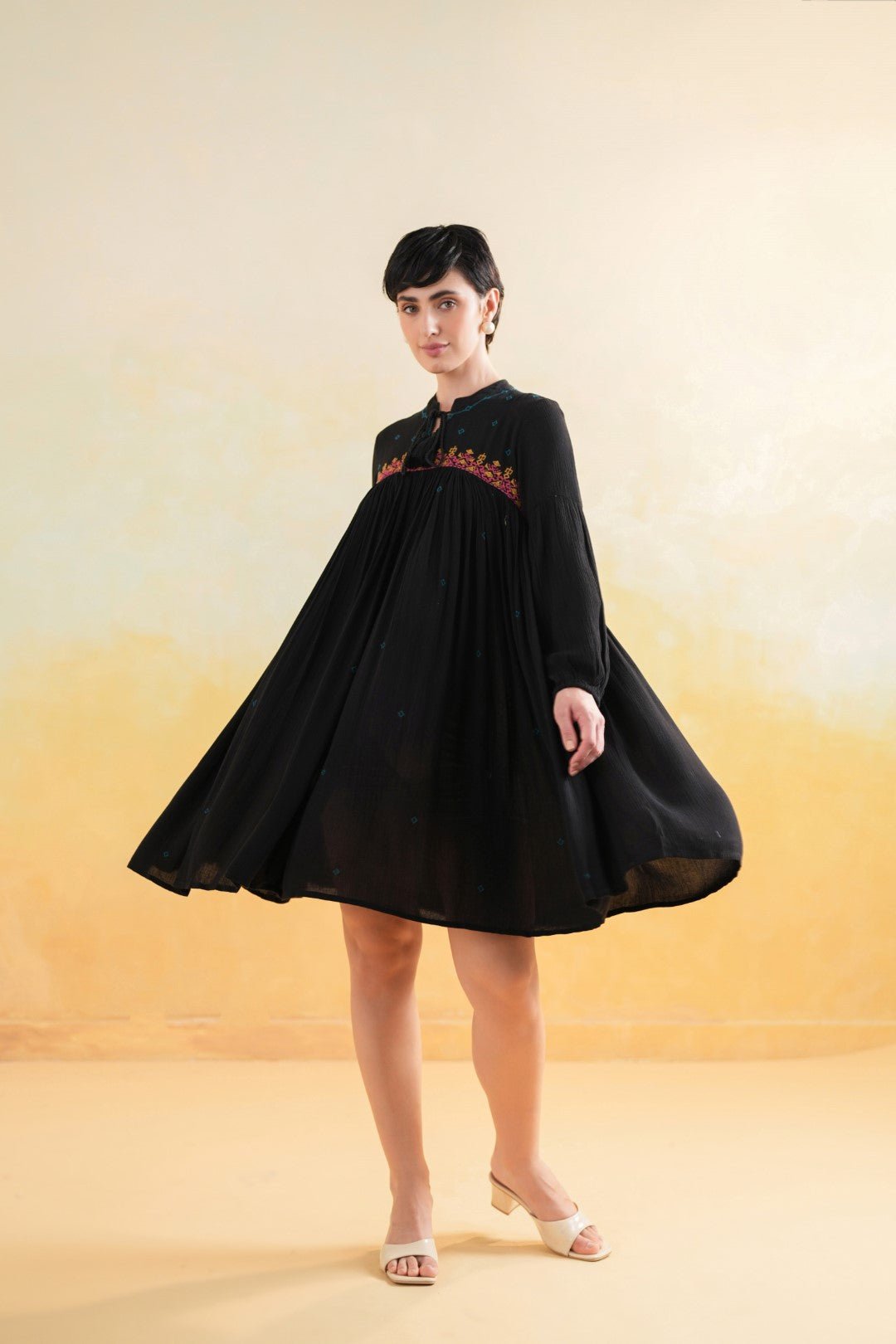 Nyaro Signature Rayon Crepe Embroidered Short Dress – Black - Nyaro