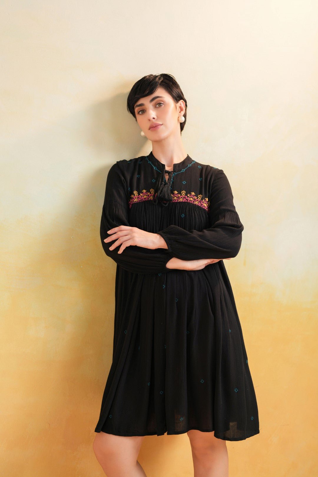 Nyaro Signature Rayon Crepe Embroidered Short Dress – Black - Nyaro