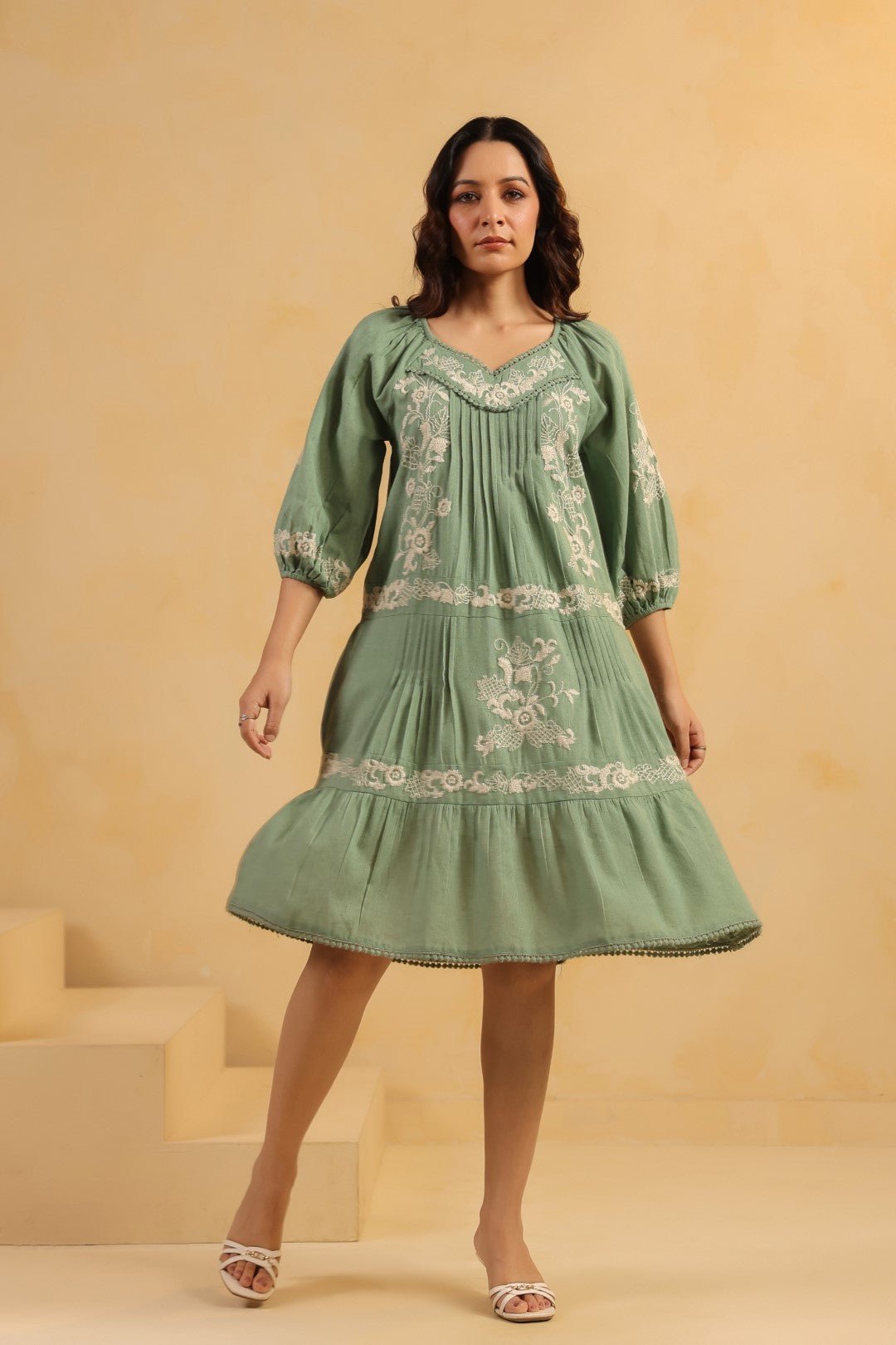 Nyaro Signature Sage Green Cotton Flex Embroidered Dress - Nyaro