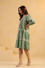 Nyaro Signature Sage Green Cotton Flex Embroidered Dress - Nyaro