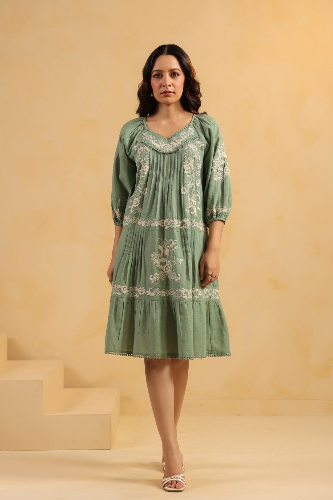 Nyaro Signature Sage Green Cotton Flex Embroidered Dress - Nyaro