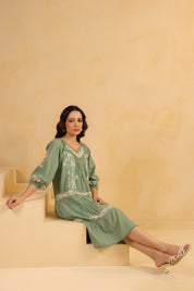 Nyaro Signature Sage Green Cotton Flex Embroidered Dress - Nyaro