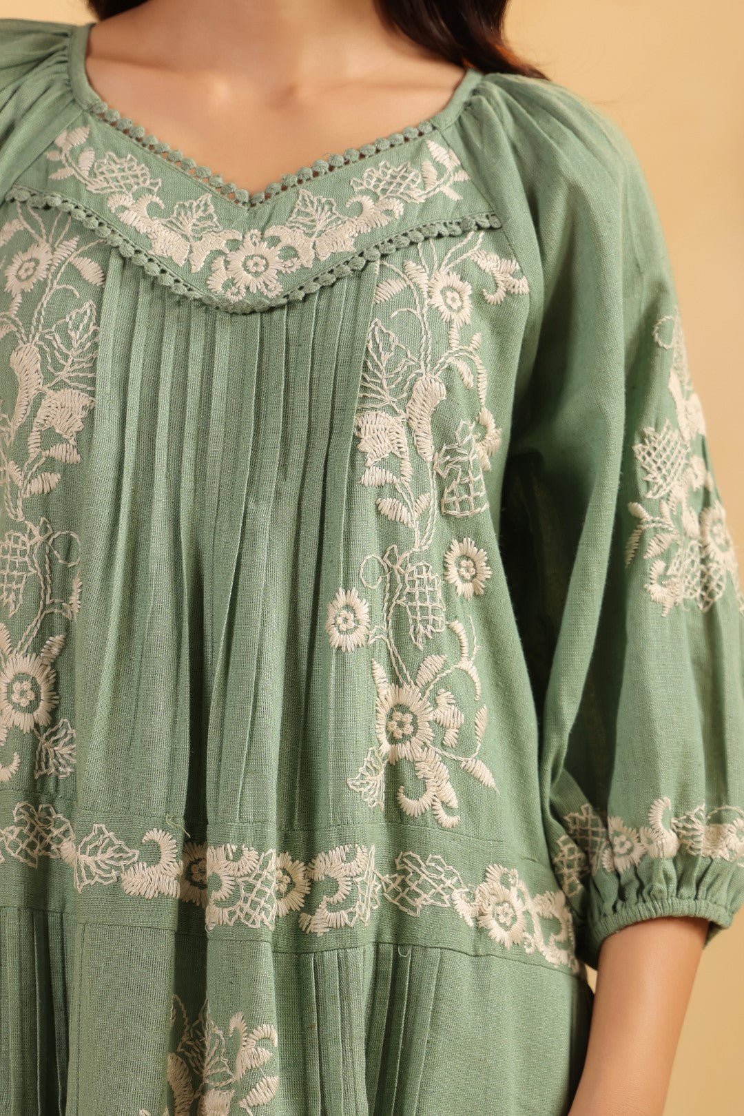 Nyaro Signature Sage Green Cotton Flex Embroidered Dress - Nyaro