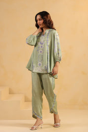 Nyaro Signature Sage Green Printed Co - ord Set in Viscose Santoon - Nyaro