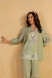Nyaro Signature Sage Green Printed Co - ord Set in Viscose Santoon - Nyaro