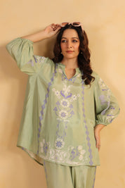 Nyaro Signature Sage Green Printed Co - ord Set in Viscose Santoon - Nyaro