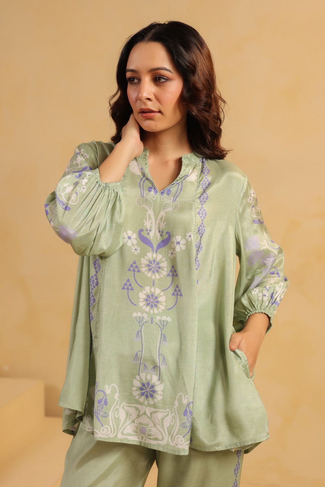 Nyaro Signature Sage Green Printed Co - ord Set in Viscose Santoon - Nyaro