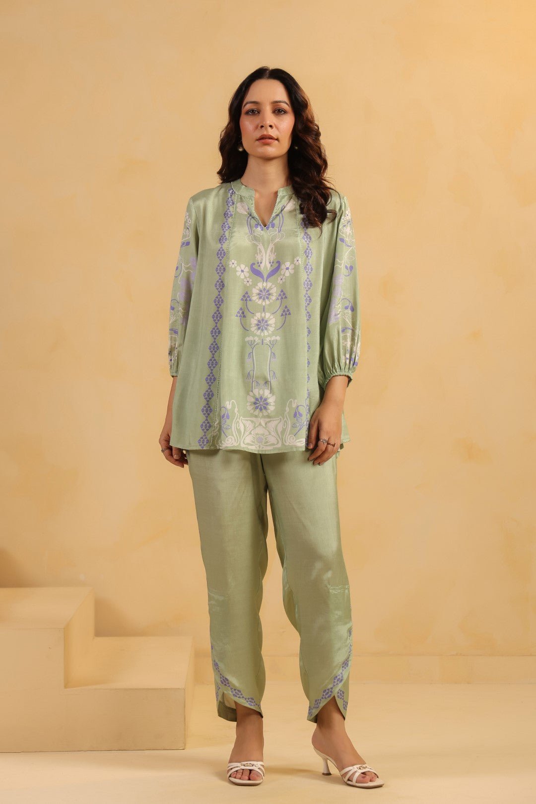Nyaro Signature Sage Green Printed Co - ord Set in Viscose Santoon - Nyaro