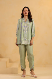 Nyaro Signature Sage Green Printed Co - ord Set in Viscose Santoon - Nyaro