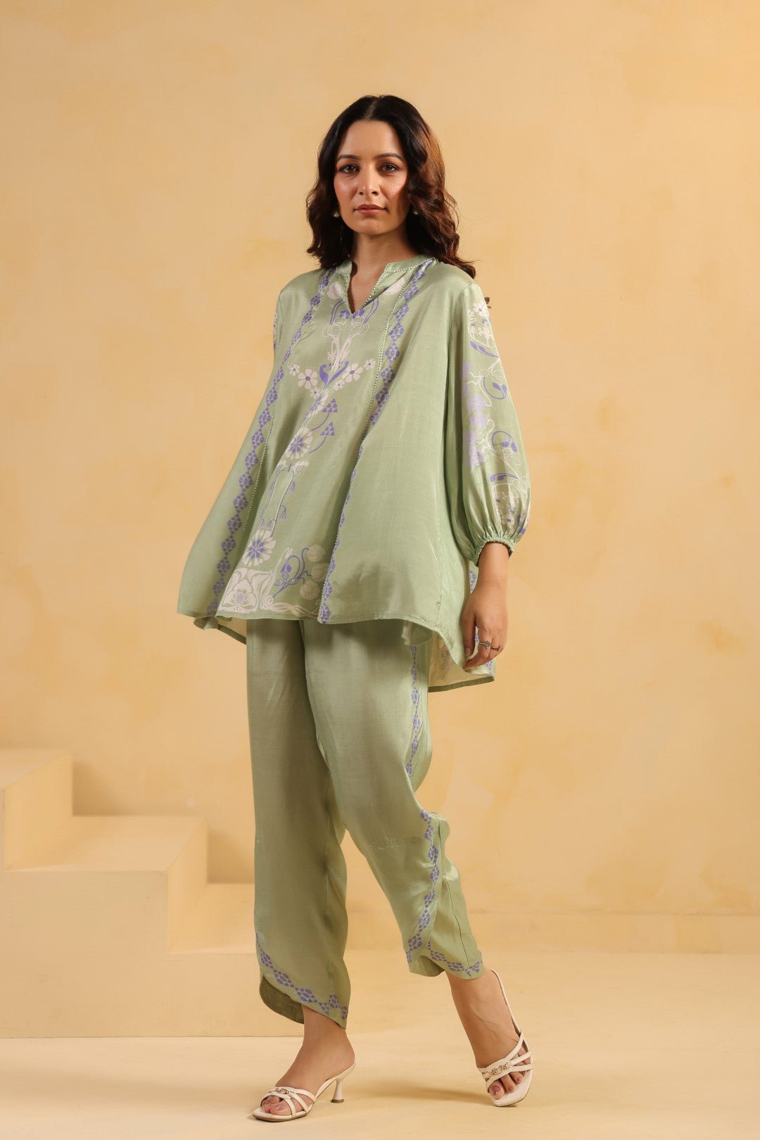 Nyaro Signature Sage Green Printed Co - ord Set in Viscose Santoon - Nyaro