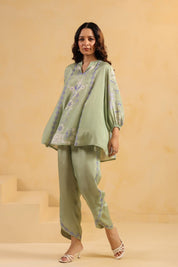 Nyaro Signature Sage Green Printed Co - ord Set in Viscose Santoon - Nyaro