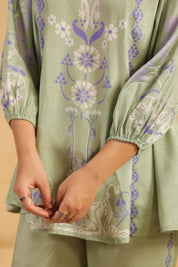 Nyaro Signature Sage Green Printed Co - ord Set in Viscose Santoon - Nyaro