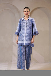 Nyaro Signature Steel Blue Printed Co - ord Set in Viscose Santoon - Nyaro