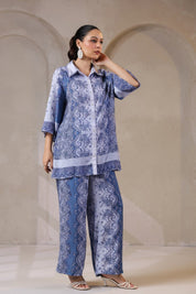 Nyaro Signature Steel Blue Printed Co - ord Set in Viscose Santoon - Nyaro