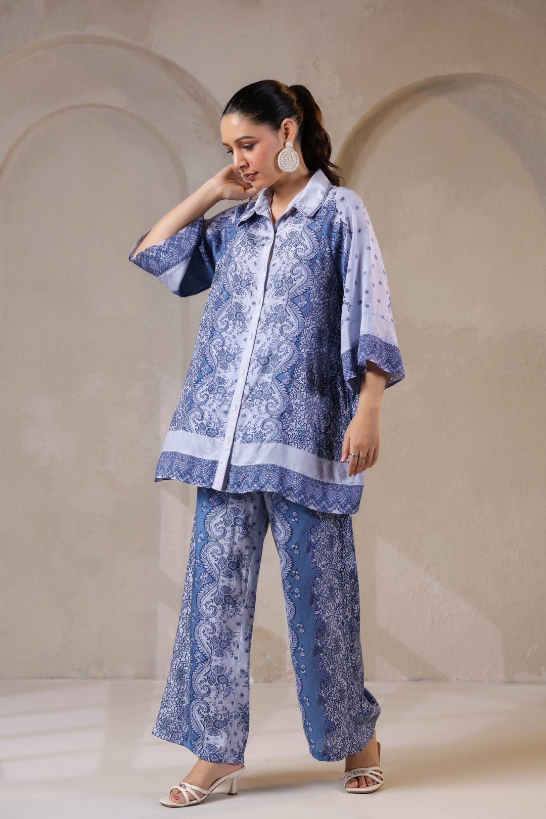 Nyaro Signature Steel Blue Printed Co - ord Set in Viscose Santoon - Nyaro