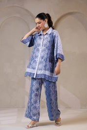 Nyaro Signature Steel Blue Printed Co - ord Set in Viscose Santoon - Nyaro