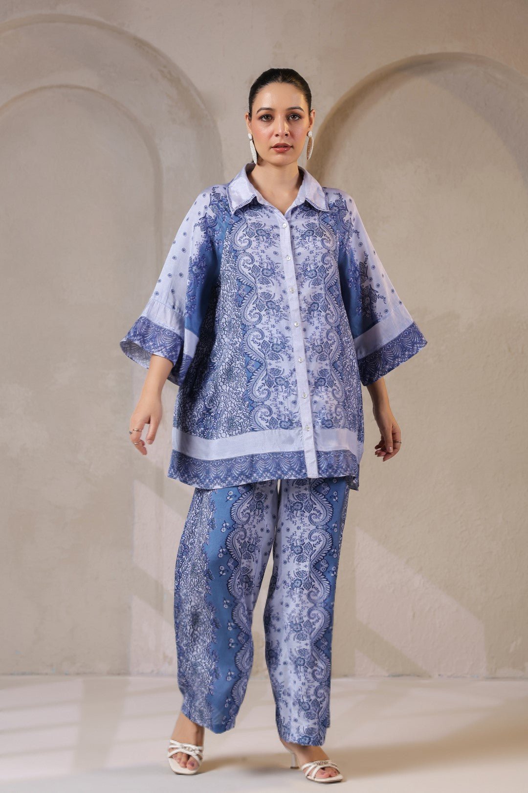 Nyaro Signature Steel Blue Printed Co - ord Set in Viscose Santoon - Nyaro