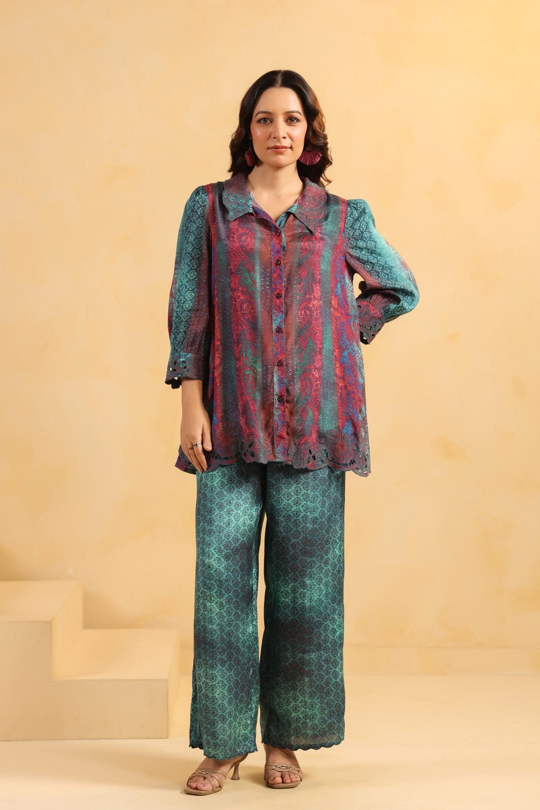 Nyaro Signature Teal Wine Printed Co - ord Set in Viscose Santoon - Nyaro