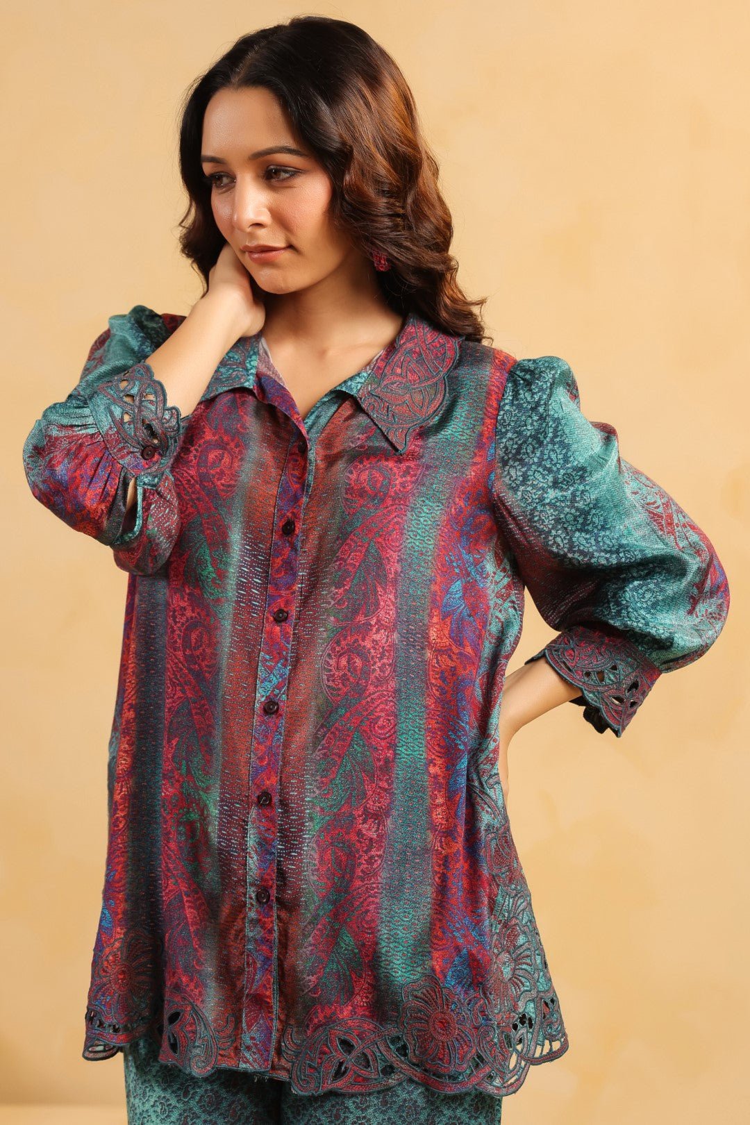 Nyaro Signature Teal Wine Printed Co - ord Set in Viscose Santoon - Nyaro