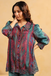 Nyaro Signature Teal Wine Printed Co - ord Set in Viscose Santoon - Nyaro