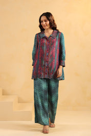 Nyaro Signature Teal Wine Printed Co - ord Set in Viscose Santoon - Nyaro