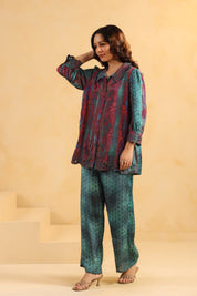 Nyaro Signature Teal Wine Printed Co - ord Set in Viscose Santoon - Nyaro
