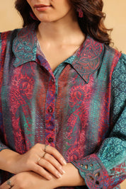 Nyaro Signature Teal Wine Printed Co - ord Set in Viscose Santoon - Nyaro