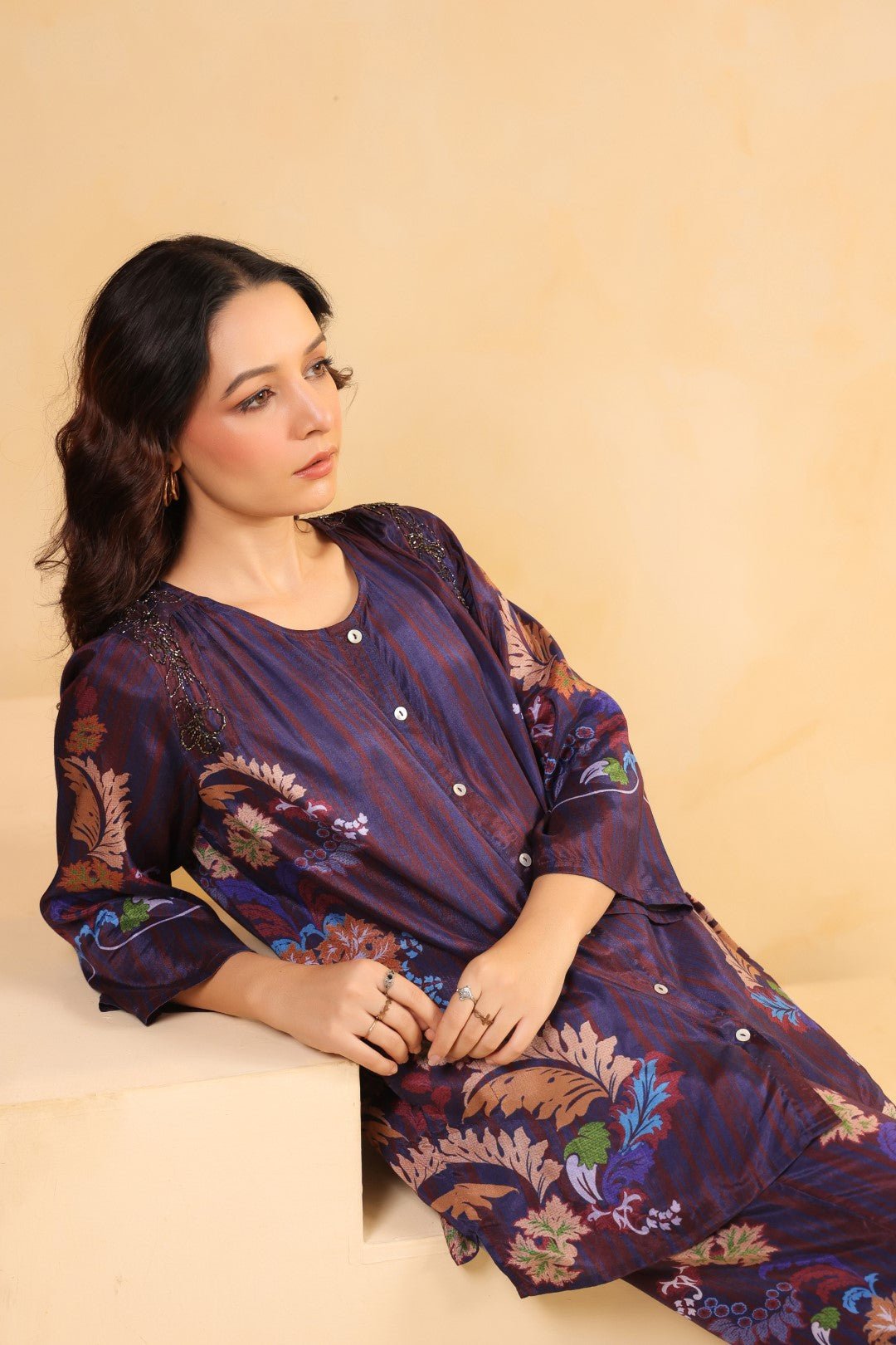 Nyaro Signature Wine Printed Co - ord Set in Viscose Santoon - Nyaro